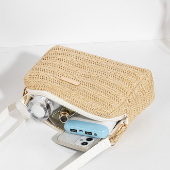 Geantă de umăr din paie, pentru femei, stil stradal, formă orizontală pătrată, închidere cu fermoar, fără căptușeală