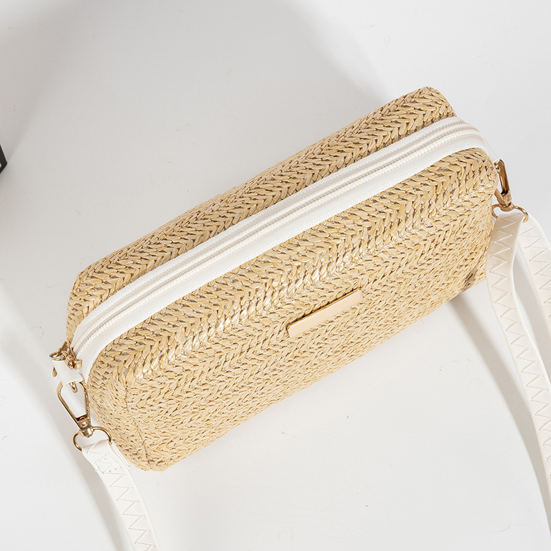 Geantă de umăr din paie, pentru femei, stil stradal, formă orizontală pătrată, închidere cu fermoar, fără căptușeală