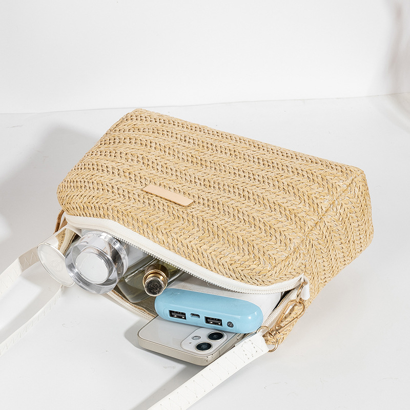 Geantă de umăr din paie, pentru femei, stil stradal, formă orizontală pătrată, închidere cu fermoar, fără căptușeală
