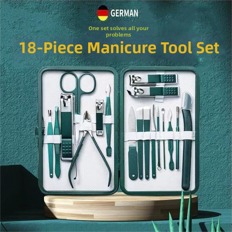18-частов преносим комплект за маникюр – ножици за нокти и инструменти; материали: неръждаема стомана с електроплатина и въглеродна стомана; дизайн: преносим, плоска уста, наклонен дизайн; мултифункционални пинсети