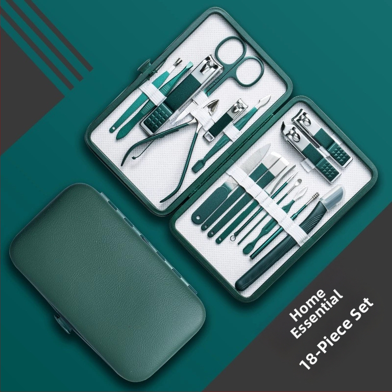 18-частов преносим комплект за маникюр – ножици за нокти и инструменти; материали: неръждаема стомана с електроплатина и въглеродна стомана; дизайн: преносим, плоска уста, наклонен дизайн; мултифункционални пинсети