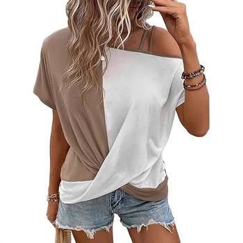 Γυναικεῖο patchwork T-shirt με διαγώνιο ώμο, στρογγυλός λαιμός, κοντά μανίκια; μίξη πολυεστέρα-ελαστάν (50–70% πολυεστέρα, <30% ελαστάν)