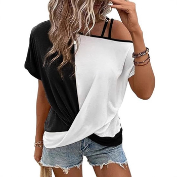 Γυναικεῖο patchwork T-shirt με διαγώνιο ώμο, στρογγυλός λαιμός, κοντά μανίκια; μίξη πολυεστέρα-ελαστάν (50–70% πολυεστέρα, <30% ελαστάν)