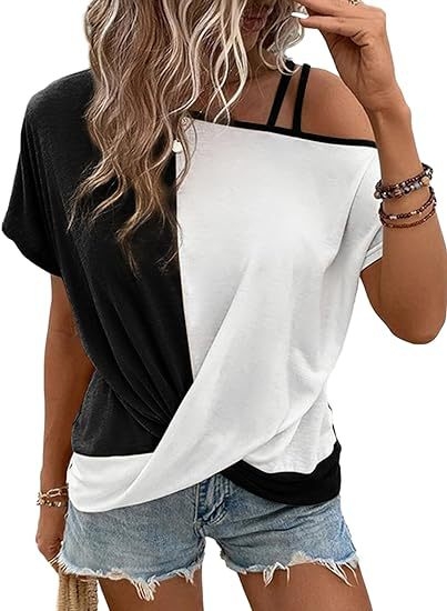 Tricou femei cu patchwork, umăr înclinat, guler rotund, mâneci scurte; amestec poliester-elastan (50–70% poliester, <30% elastan)