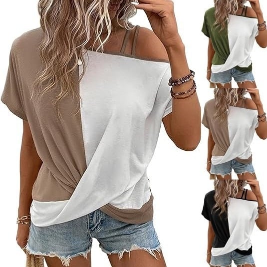 Tricou femei cu patchwork, umăr înclinat, guler rotund, mâneci scurte; amestec poliester-elastan (50–70% poliester, <30% elastan)