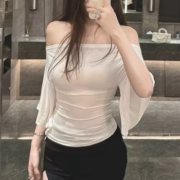 Tricou tricotat din bumbac pentru femei, cu guler swing și mâneci clopot, lungime scurtă, stil pulover