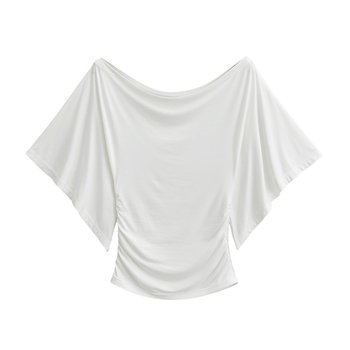 Γυναικεία βαμβακερή πλεκτή μπλούζα T-shirt με swing collar και μανίκια καμπάνας, κοντή γραμμή, στυλ πουλόβερ