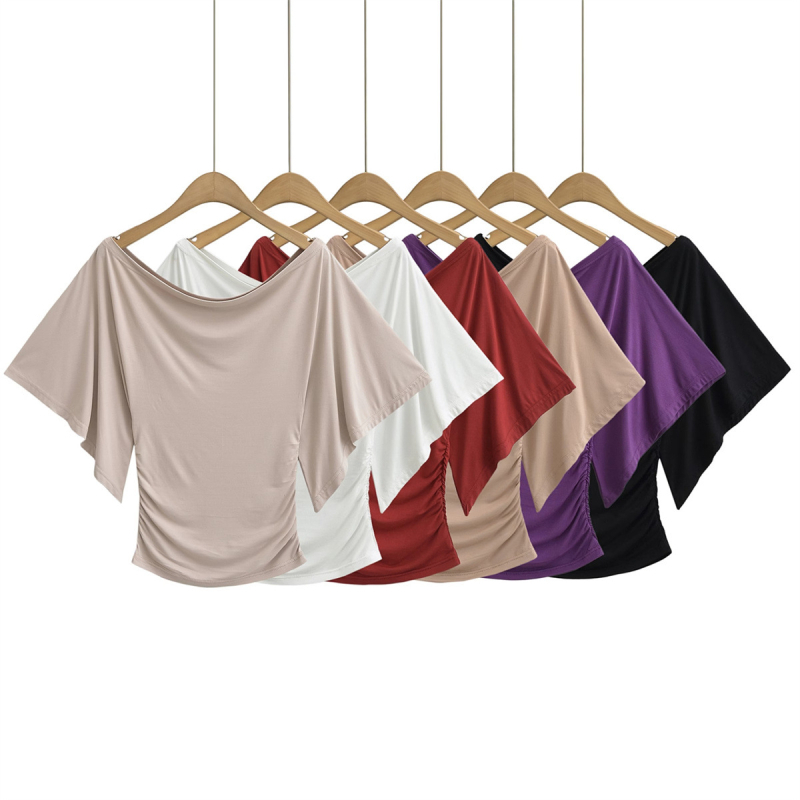 Tricou tricotat din bumbac pentru femei, cu guler swing și mâneci clopot, lungime scurtă, stil pulover