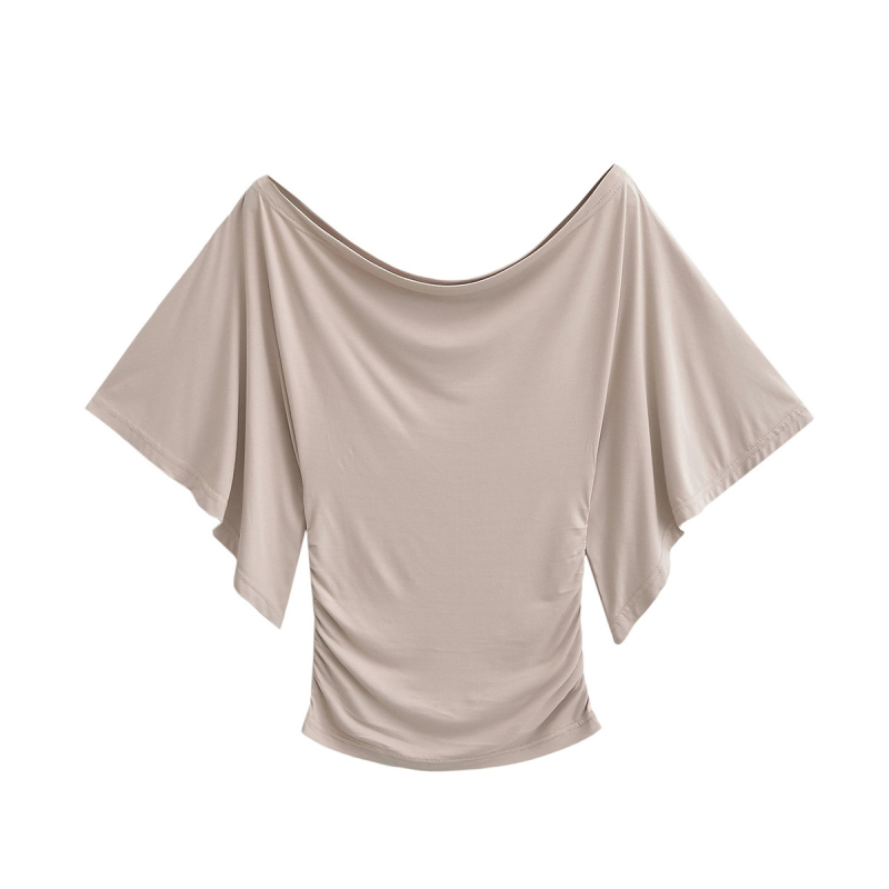 Tricou tricotat din bumbac pentru femei, cu guler swing și mâneci clopot, lungime scurtă, stil pulover