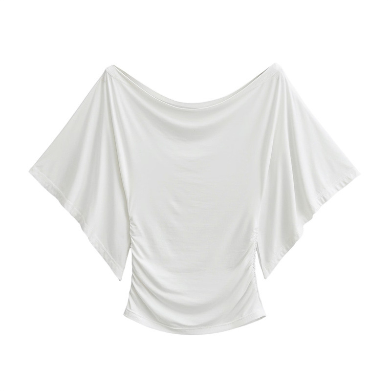 Tricou tricotat din bumbac pentru femei, cu guler swing și mâneci clopot, lungime scurtă, stil pulover