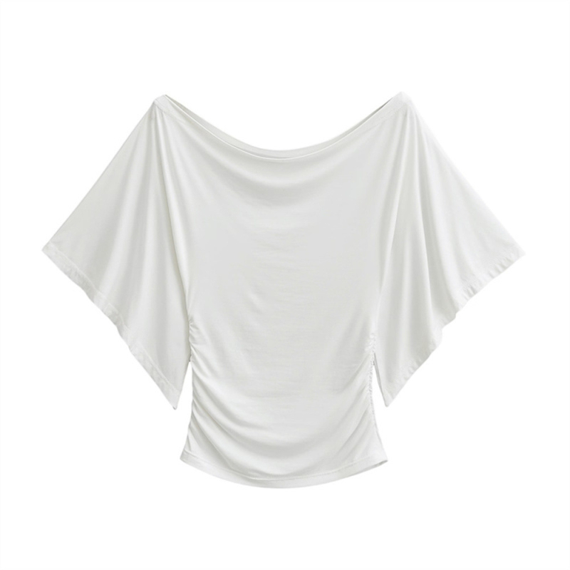 Tricou tricotat din bumbac pentru femei, cu guler swing și mâneci clopot, lungime scurtă, stil pulover