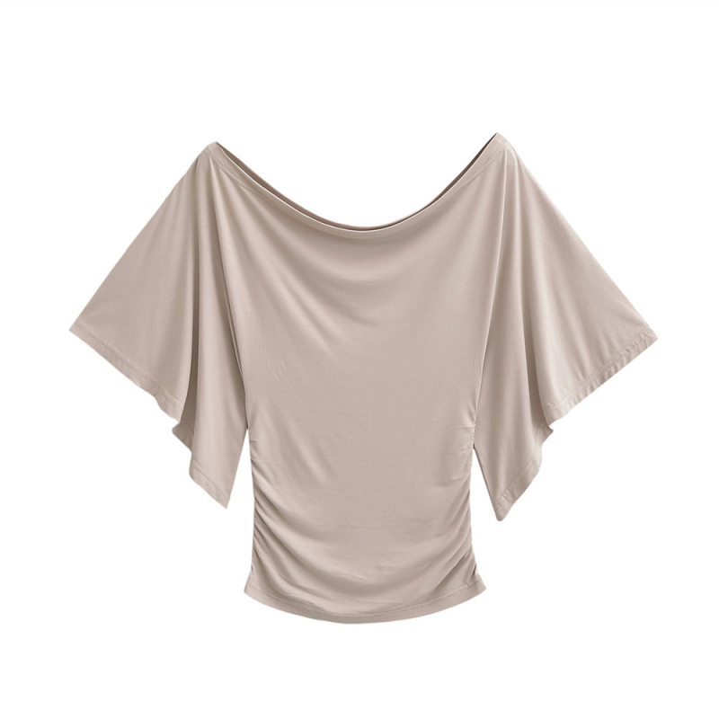 Tricou tricotat din bumbac pentru femei, cu guler swing și mâneci clopot, lungime scurtă, stil pulover