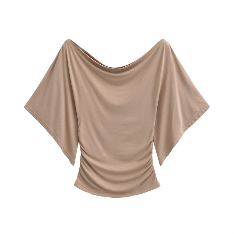 Tricou tricotat din bumbac pentru femei, cu guler swing și mâneci clopot, lungime scurtă, stil pulover