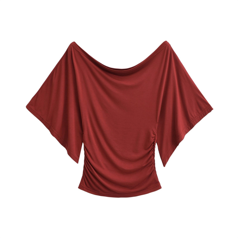 Tricou tricotat din bumbac pentru femei, cu guler swing și mâneci clopot, lungime scurtă, stil pulover