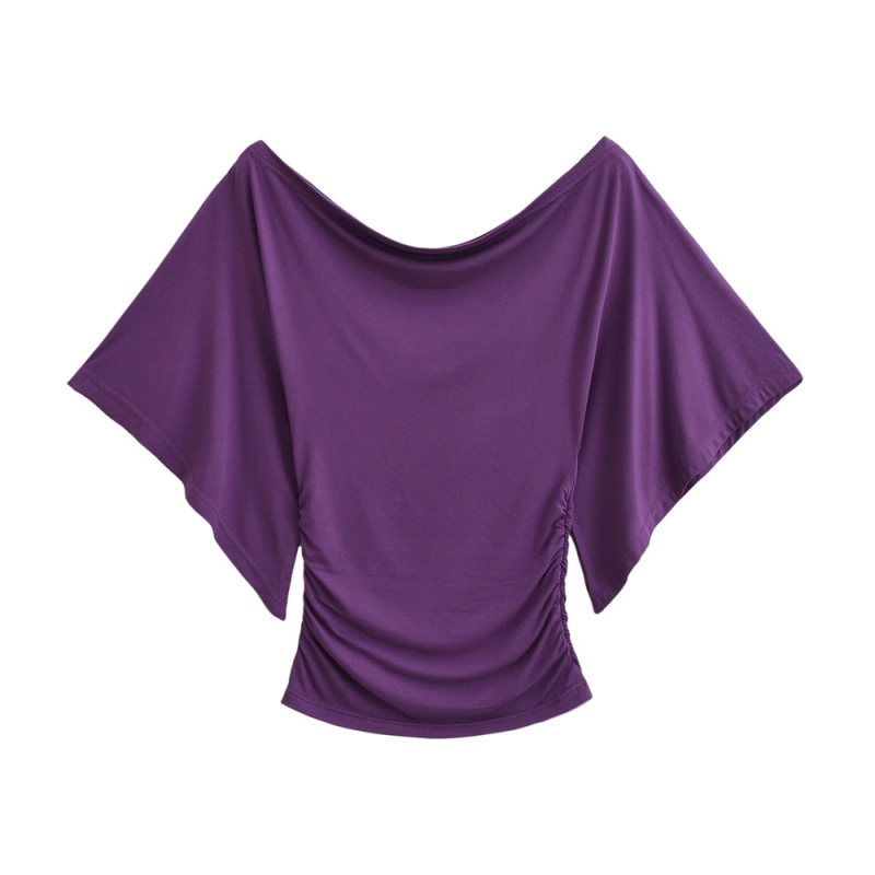 Tricou tricotat din bumbac pentru femei, cu guler swing și mâneci clopot, lungime scurtă, stil pulover