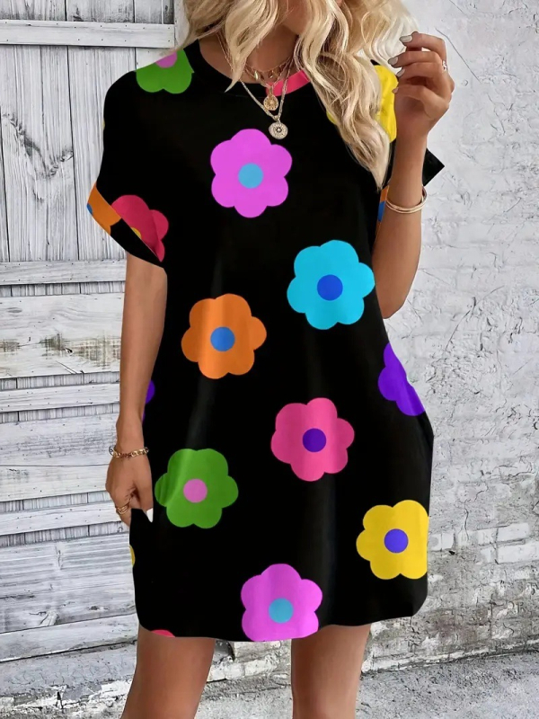 Ženska majica kratkih rukava s 3D cvjetnim otiskom – poliester/elastan, okrugli izrez, proljeće 2025, japansko-korejski ležerni stil