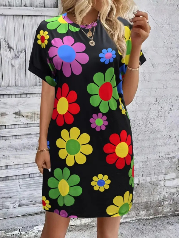 Ženska majica kratkih rukava s 3D cvjetnim otiskom – poliester/elastan, okrugli izrez, proljeće 2025, japansko-korejski ležerni stil