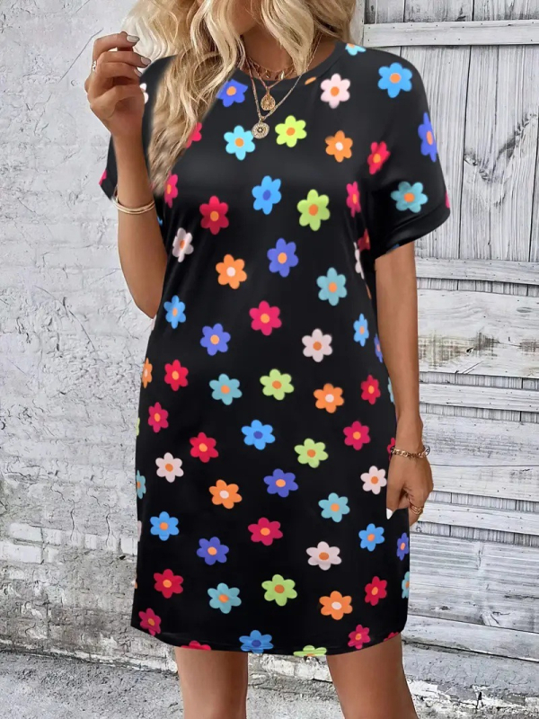 Ženska majica kratkih rukava s 3D cvjetnim otiskom – poliester/elastan, okrugli izrez, proljeće 2025, japansko-korejski ležerni stil