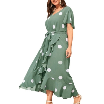 Φόρεμα με print σε πουά, ελαστική μέση, V-λαιμόκοψη, μανίκια καμπάνα, μακριά φούστα, από πολυεστέρα