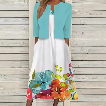 Rochie cu imprimeu floral, fustă lungă asimetrică, guler de cămașă, mâneci scurte, talie medie, material 150D cu elasticitate în patru direcții