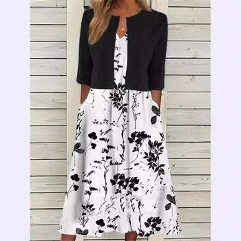 Φόρεμα με φλοράλ εκτύπωση, μακριά ασύμμετρη φούστα, γιακάς τύπου πουκάμισου, κοντά μανίκια, ύφασμα 150D με υψηλή ελαστικότητα και τετραδιεύθυνση ελαστικότητα