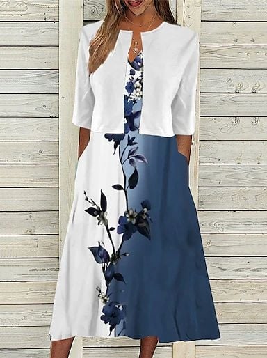 Rochie cu imprimeu floral, fustă lungă asimetrică, guler de cămașă, mâneci scurte, talie medie, material 150D cu elasticitate în patru direcții