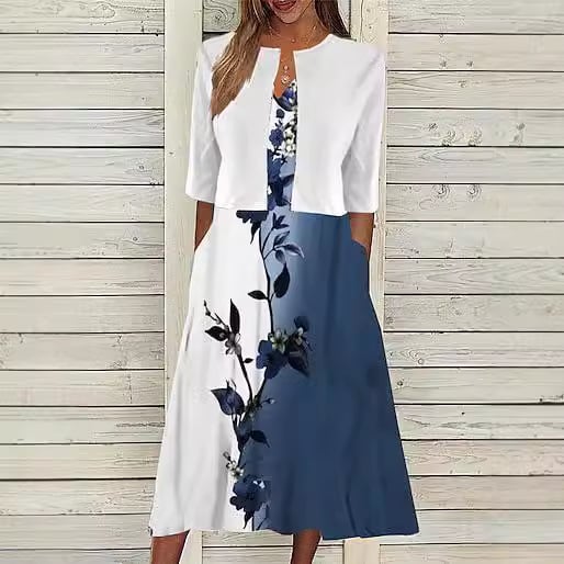 Rochie cu imprimeu floral, fustă lungă asimetrică, guler de cămașă, mâneci scurte, talie medie, material 150D cu elasticitate în patru direcții