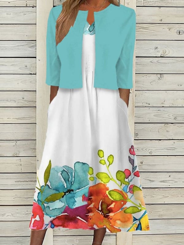 Rochie cu imprimeu floral, fustă lungă asimetrică, guler de cămașă, mâneci scurte, talie medie, material 150D cu elasticitate în patru direcții