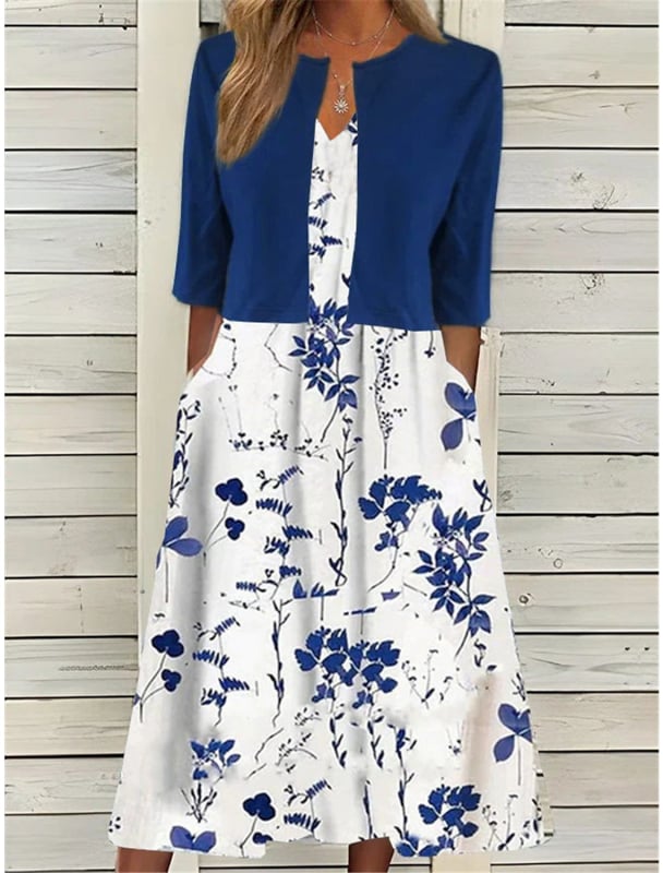 Rochie cu imprimeu floral, fustă lungă asimetrică, guler de cămașă, mâneci scurte, talie medie, material 150D cu elasticitate în patru direcții