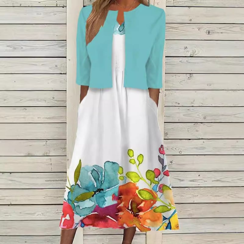 Rochie cu imprimeu floral, fustă lungă asimetrică, guler de cămașă, mâneci scurte, talie medie, material 150D cu elasticitate în patru direcții