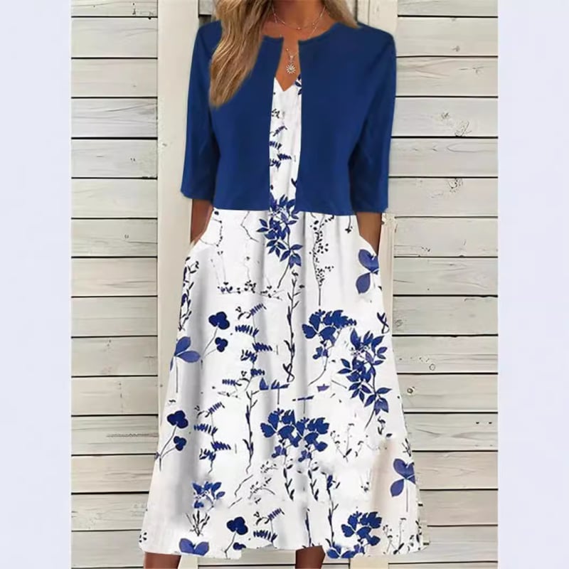 Rochie cu imprimeu floral, fustă lungă asimetrică, guler de cămașă, mâneci scurte, talie medie, material 150D cu elasticitate în patru direcții