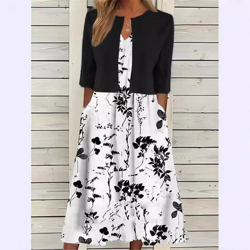 Rochie cu imprimeu floral, fustă lungă asimetrică, guler de cămașă, mâneci scurte, talie medie, material 150D cu elasticitate în patru direcții