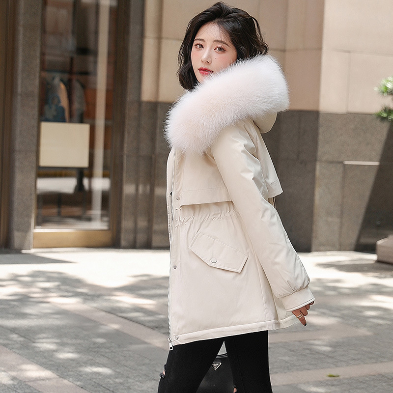 Moteriška pūkų-pamuko striukė, Korejos stiliaus laisvas apdailos kirpimas, gobtuvė su dirbtiniu kailiu, užtrauktukas, liemens ilgis