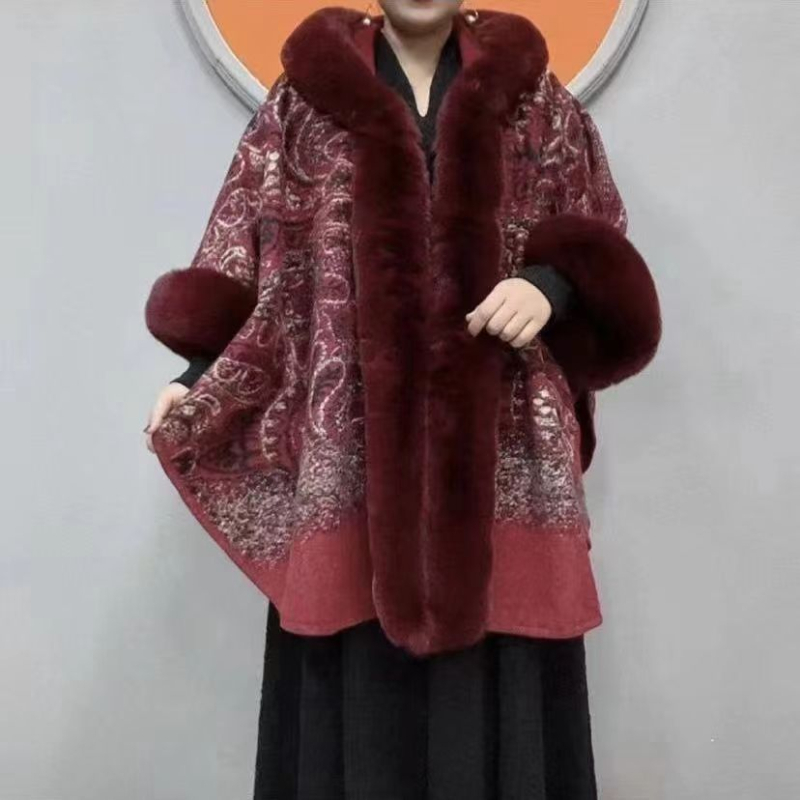 Kapucija šal-kabanica s cvjetnim jacquardom na satenu, warp pleteni materijal, toplo