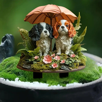 Ακρυλική διακοσμητική φιγούρα γραφείου: δύο γλυκά σκυλάκια με ομπρέλα, διακοσμητικό γλαστράκι με εκτύπωση