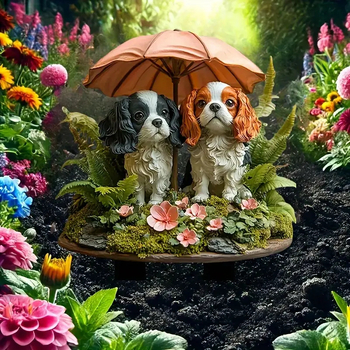 Ακρυλική διακοσμητική φιγούρα γραφείου: δύο γλυκά σκυλάκια με ομπρέλα, διακοσμητικό γλαστράκι με εκτύπωση