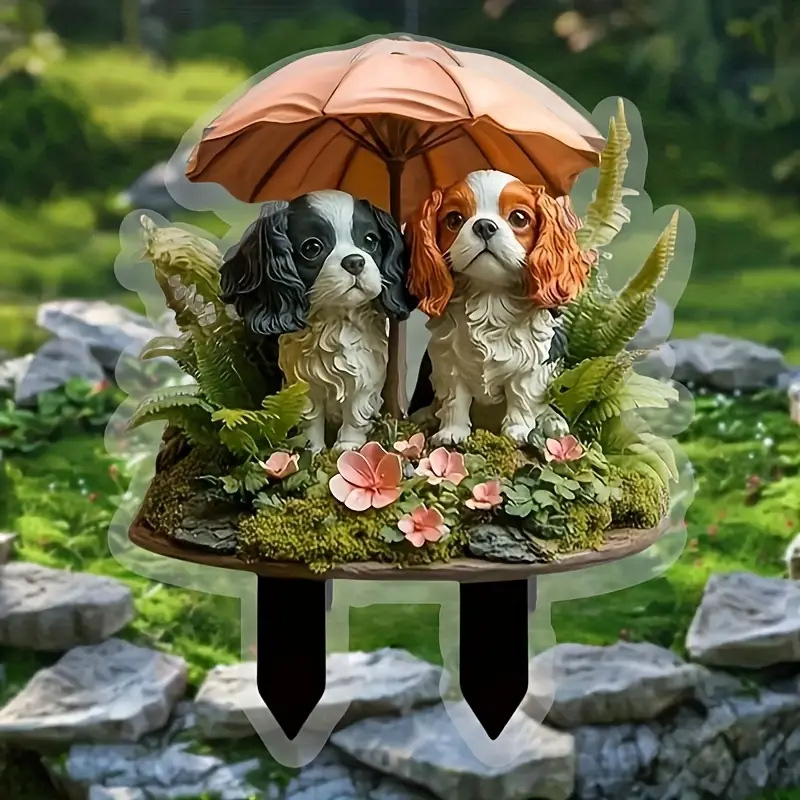 Ακρυλική διακοσμητική φιγούρα γραφείου: δύο γλυκά σκυλάκια με ομπρέλα, διακοσμητικό γλαστράκι με εκτύπωση