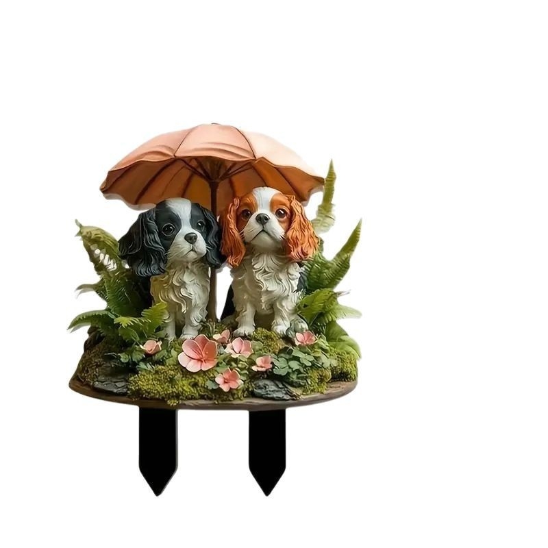 Ακρυλική διακοσμητική φιγούρα γραφείου: δύο γλυκά σκυλάκια με ομπρέλα, διακοσμητικό γλαστράκι με εκτύπωση