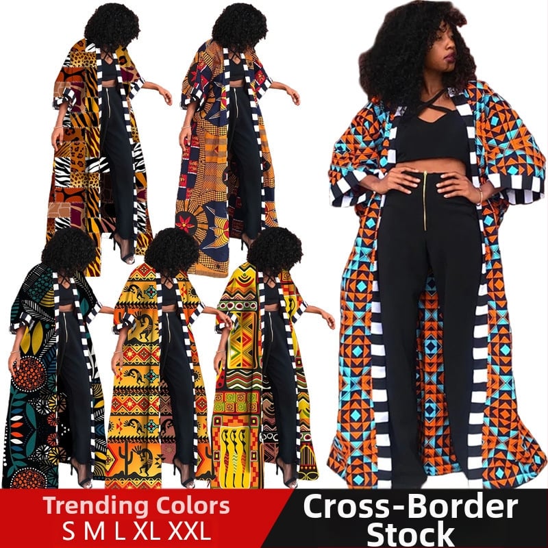 LG001 Sieviešu afrikāņu etniskā stila kimono stila jaka, gara, drukāts ģeometrisks raksts, plāna, brīvi pieguļoša, raglānu piedurknes, bez apkakles, poliester-spandeks