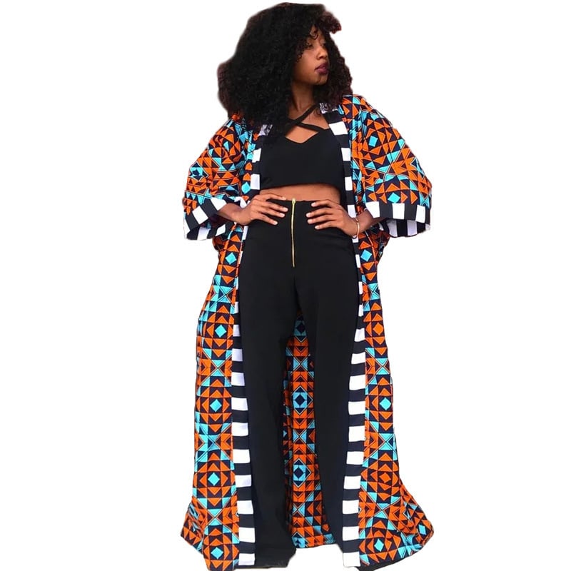 LG001 Sieviešu afrikāņu etniskā stila kimono stila jaka, gara, drukāts ģeometrisks raksts, plāna, brīvi pieguļoša, raglānu piedurknes, bez apkakles, poliester-spandeks