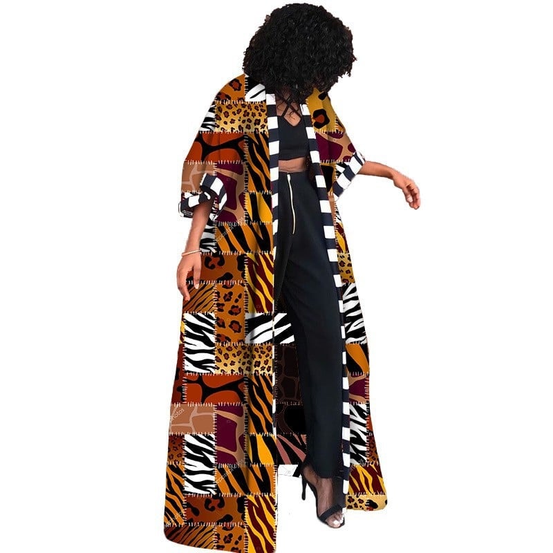 LG001 Sieviešu afrikāņu etniskā stila kimono stila jaka, gara, drukāts ģeometrisks raksts, plāna, brīvi pieguļoša, raglānu piedurknes, bez apkakles, poliester-spandeks