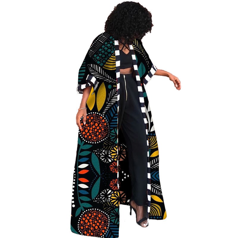 LG001 Sieviešu afrikāņu etniskā stila kimono stila jaka, gara, drukāts ģeometrisks raksts, plāna, brīvi pieguļoša, raglānu piedurknes, bez apkakles, poliester-spandeks