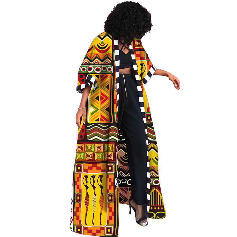 LG001 Sieviešu afrikāņu etniskā stila kimono stila jaka, gara, drukāts ģeometrisks raksts, plāna, brīvi pieguļoša, raglānu piedurknes, bez apkakles, poliester-spandeks