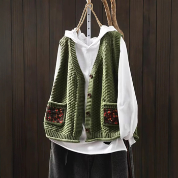 Vestă cardigan cu buzunare patch florale, amestec bumbac-lână, guler polo, fără mâneci, toamna 2025