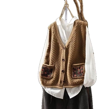 Vestă cardigan cu buzunare patch florale, amestec bumbac-lână, guler polo, fără mâneci, toamna 2025