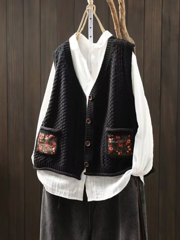 Vestă cardigan cu buzunare patch florale, amestec bumbac-lână, guler polo, fără mâneci, toamna 2025