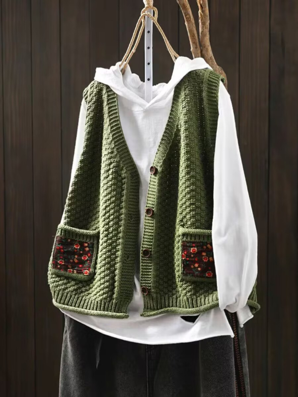 Vestă cardigan cu buzunare patch florale, amestec bumbac-lână, guler polo, fără mâneci, toamna 2025