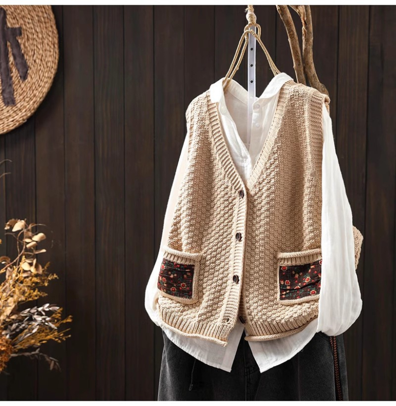 Vestă cardigan cu buzunare patch florale, amestec bumbac-lână, guler polo, fără mâneci, toamna 2025