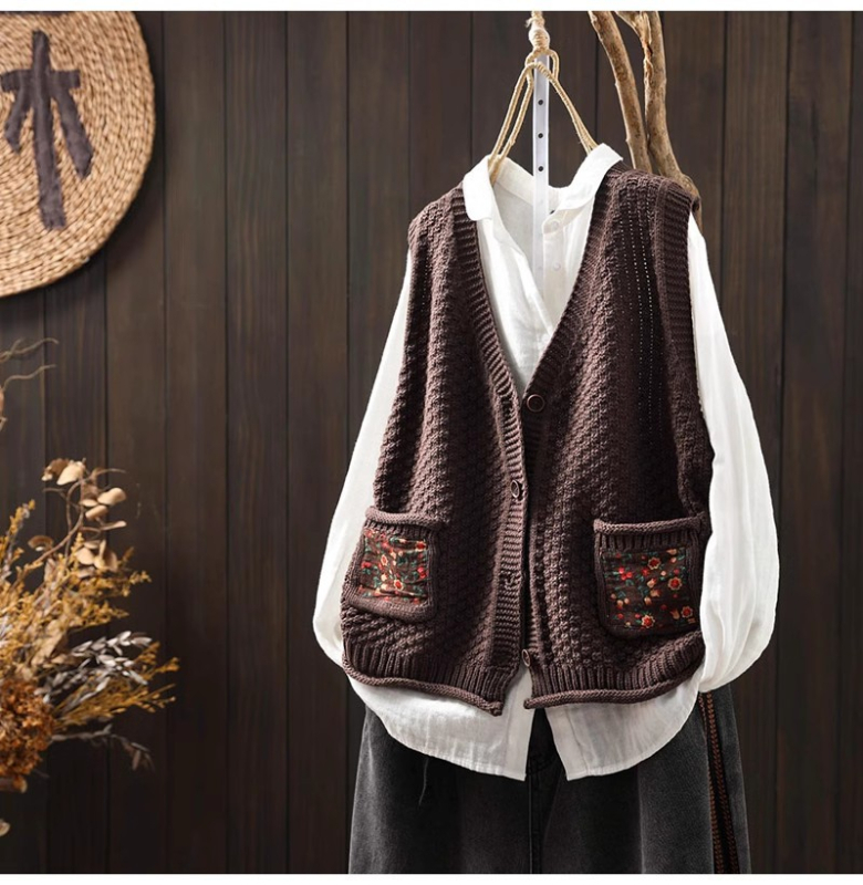 Vestă cardigan cu buzunare patch florale, amestec bumbac-lână, guler polo, fără mâneci, toamna 2025
