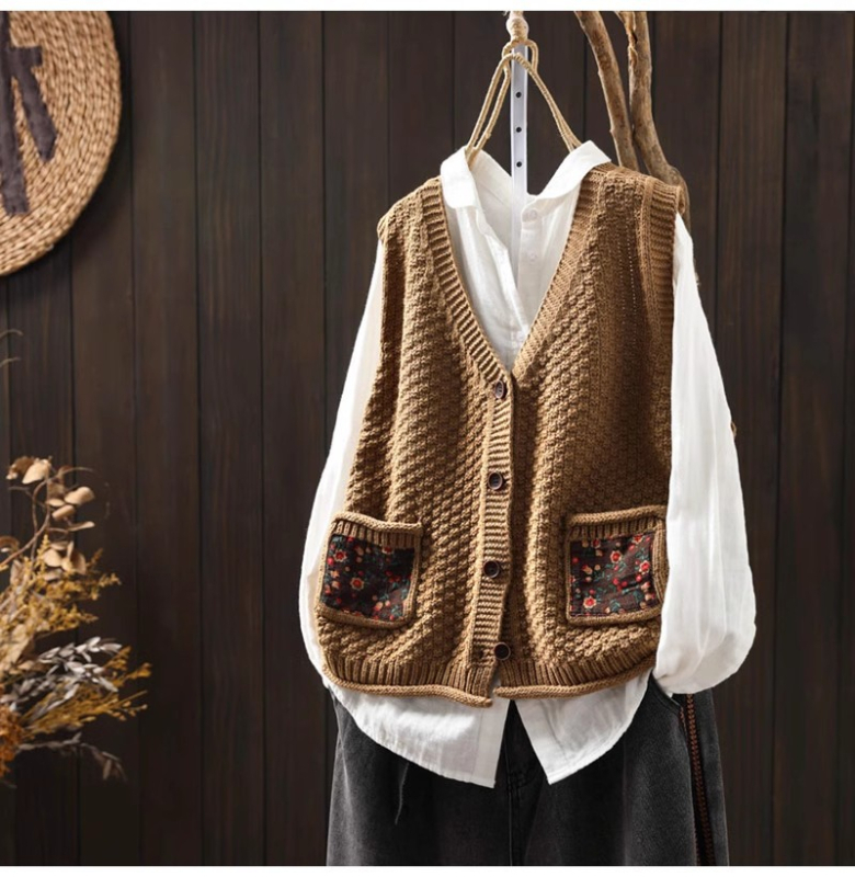 Vestă cardigan cu buzunare patch florale, amestec bumbac-lână, guler polo, fără mâneci, toamna 2025